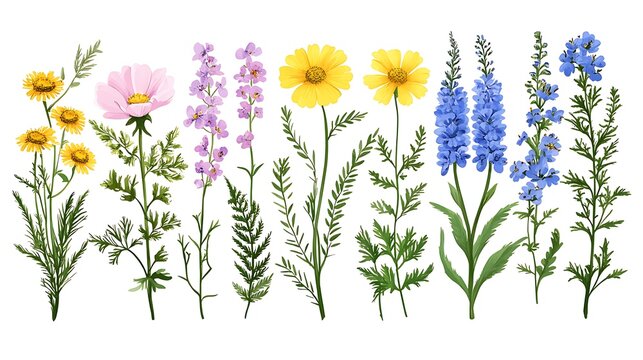 Watercolor Wildflowers and Ferns Illustration, A watercolor illustration of various wildflowers and ferns against a white background