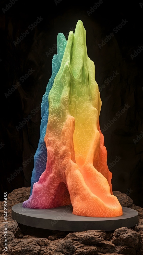 Poster abstract colorful 3d-rendered sculpture resembling a mountain range with topographic lines, displaye