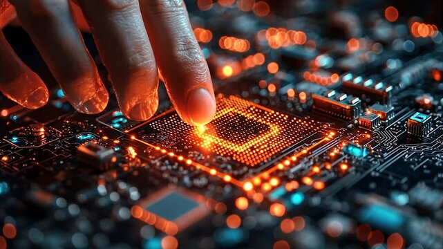 A finger gently touches a glowing central processing unit on a circuit board - Powered by Adobe
