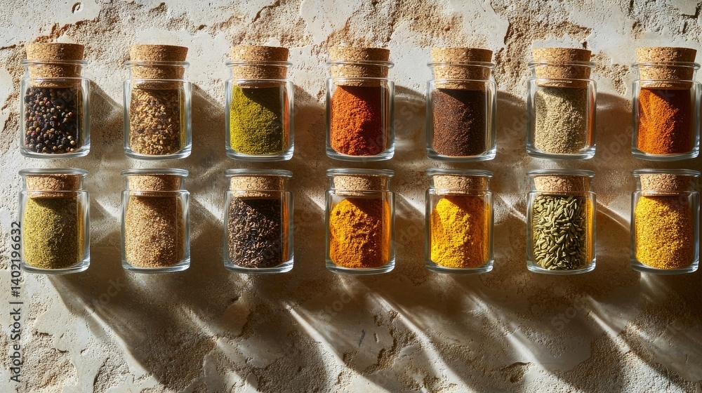 Poster colorful spice blends are neatly organized in small glass vials with cork tops on a textured stone s