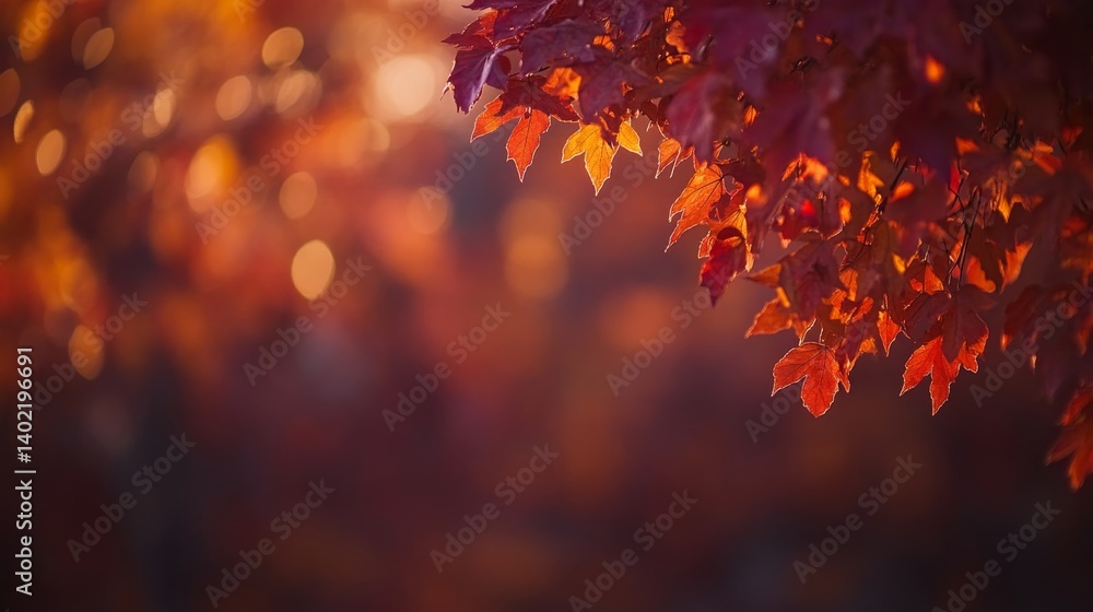 Poster vibrant red and yellow maple leaves float gracefully amidst a serene bokeh background, capturing the