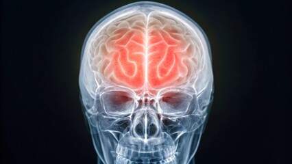 Highlighted human brain anatomy within transparent skull illustration