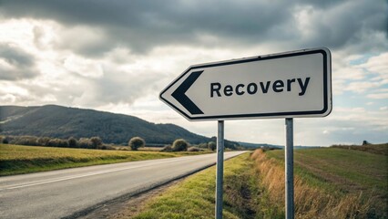 Roadside sign indicating direction to recovery on rural landscape