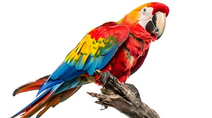 A stunning scarlet macaw with wings fully spread, showcasing its vivid red, yellow, and blue feathers in full glory, standing on a white surface and displaying its majestic tropical beauty.
