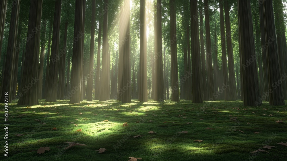 Aufkleber sunlight filters through the dense treetops, casting gentle shadows on the moss-covered ground and l