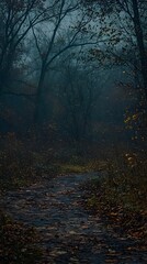 Fototapeta premium Misty autumn path through dark woods. A mysterious and moody scene perfect for Halloween or fantasy settings.