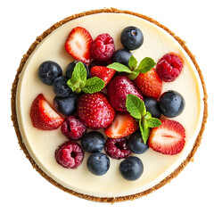Obraz premium Smooth and creamy cheesecake with a graham cracker crust and fresh fruit topping, isolated white background, modern art style