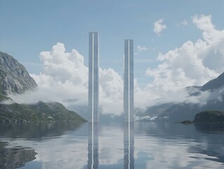 Two tall, slender structures stand in a serene lake, mirrored in the calm water, with misty mountains and a cloudy sky forming a breathtaking backdrop.