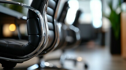 Close-up of modern black leather office chairs with chrome accents in a blurred background.