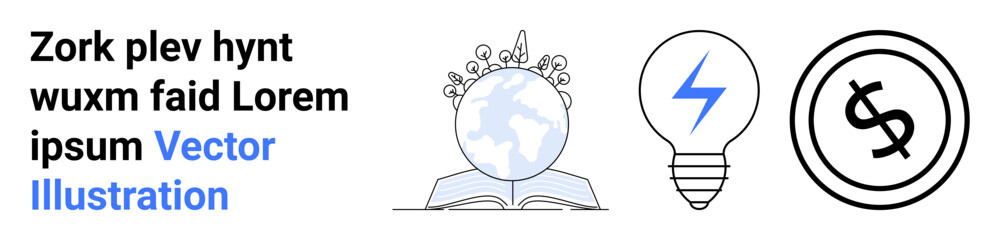 Globe sprouting leaves on an open book alongside a lightning bolt in a bulb and a dollar icon. Ideal for education, sustainability, innovation, finance, growth, ecology, abstract line flat metaphor
