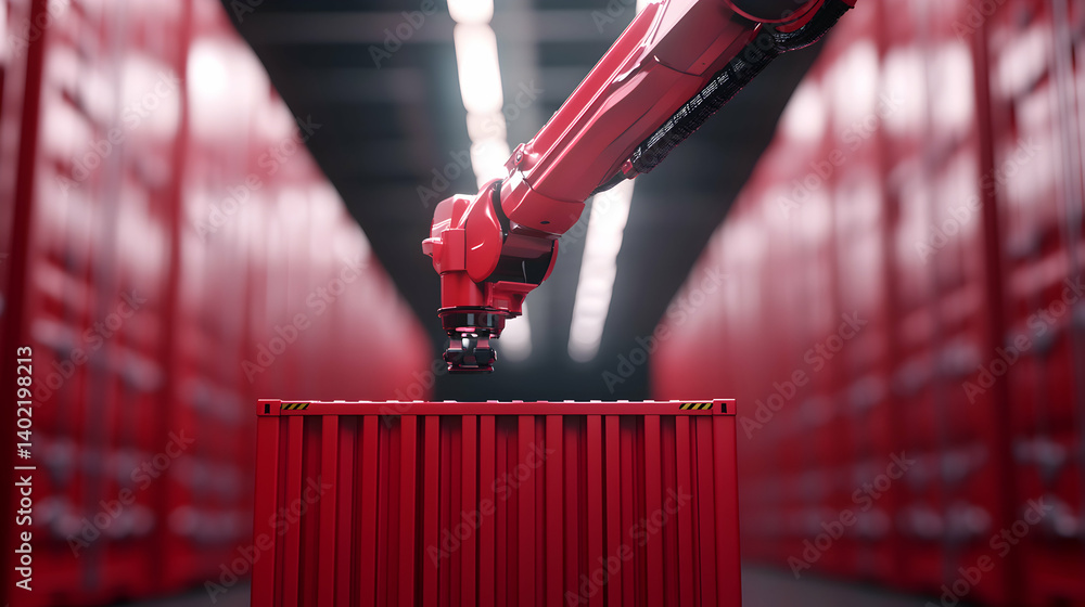Poster a close-up view of a robotic arm in a warehouse environment, poised to pick up a red container. the 