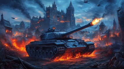 A dramatic scene of a tank in a fiery battlefield with a medieval castle in the background