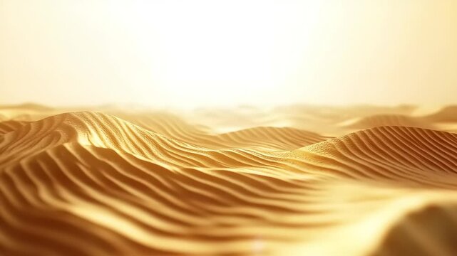 Golden desert dunes stretch under a bright sun.  Vast expanse of sand