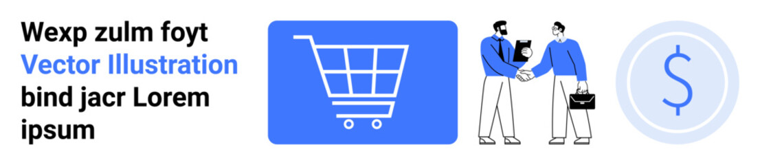 Shopping cart and dollar sign alongside two men shaking hands, symbolizing partnership, e-commerce, marketing, collaboration, retail, finance, and a simple landing page