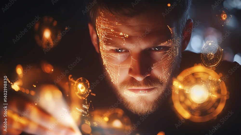 Aufkleber a focused man analyzing glowing digital interfaces with intricate patterns in a dark, futuristic set