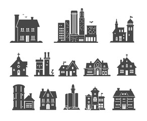 Fototapeta premium set of icons about the city building. Contains such icons as apartments, office, bank, hospital, buildings, skyscraper, mall and park