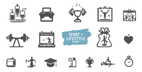 Healthy lifestyle icon set. Contains such Icons as diet, exercise, sleep, running, routine, gym, nutrition, cardio exercises, sports supplements, yoga, self-care, culture and hobbies icons