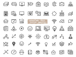 Set of line icons related to cloud computing, cloud services, server, cyber security, digital transformation. Vector illustration