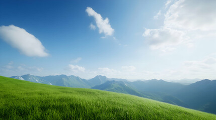A panoramic view of rolling green hills under a bright blue sky, showcasing nature's beauty. Tranquil scene evokes a sense of peace and serenity in the great outdoors.