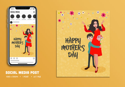 Happy Mother&rsquo;s Day Social Media Post with Cartoon Mother and Son Illustration, Editable Design.
