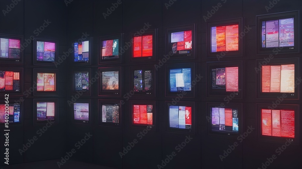 Poster wall of glowing screens displaying data streams, code, and graphics. a futuristic, cyberpunk-inspire