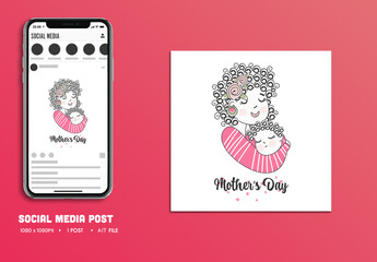 Happy Mother’s Day Social Media Post with Cartoon Mother and Baby Hug Illustration, Editable Design.