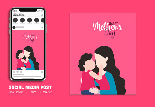 Happy Mother&rsquo;s Day Social Media Post with Cartoon Mother and Son Hug Illustration, Editable Design.