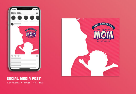Happy Mother&rsquo;s Day Social Media Post with Silhouette Mother and Child for Best Mom in The World, Editable Design.
