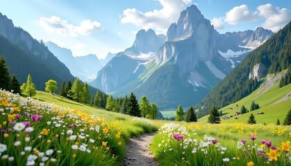 Fototapeta premium Mountain View with Vibrant Spring Flowers in Full Bloom 