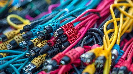 A colorful and tangled collection of various electronic cables and connectors including audio, video, power, and data types showcasing the complexity and vibrancy of modern wired technology setups.
