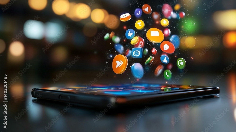 Poster colorful app icons floating above a smartphone on a dark background.
