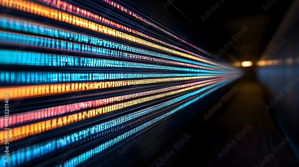 Poster abstract glowing lines converging into a tunnel. represents data flow, technology, speed, and innova