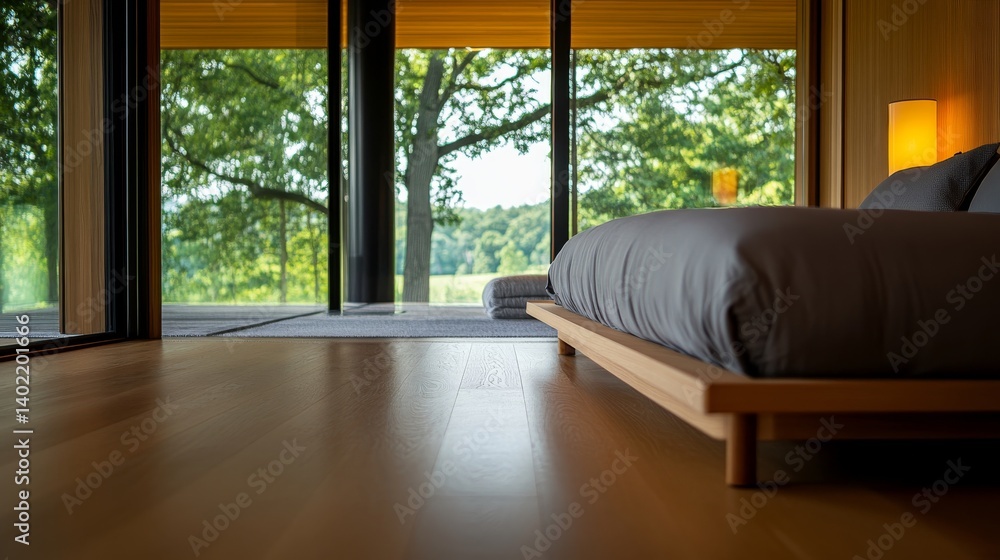 Poster welcoming bedroom featuring a minimalist bed and soft gray bedding, illuminated by natural light fro