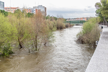 Manzanares River, on the verge of overflowing in some areas of Madrid, due to the rains of March...