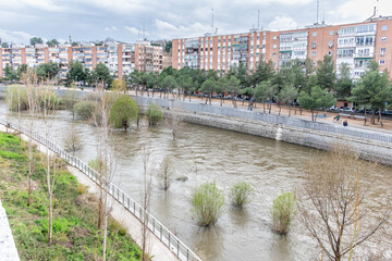 Manzanares River, on the verge of overflowing in some areas of Madrid, due to the rains of March 2025