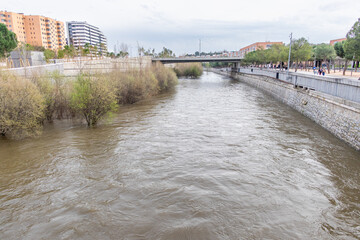 Manzanares River, on the verge of overflowing in some areas of Madrid, due to the rains of March...