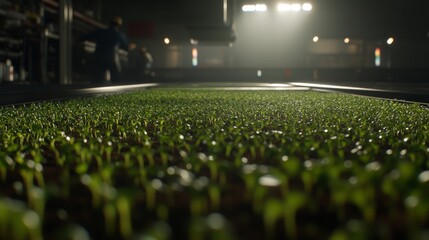In a futuristic hydroponic farm, rows of vibrant green plants thrive under LED lights while workers carefully monitor advanced growth systems for optimal efficiency