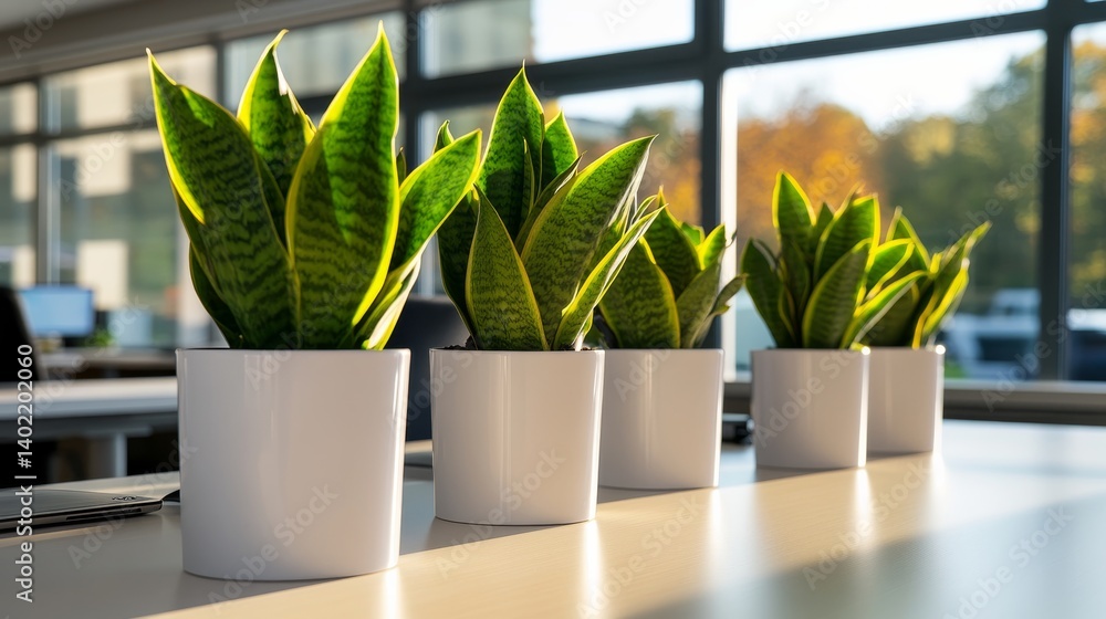 Aufkleber bright and airy workspace showcases minimalist design with white desks and lush green plants, creati