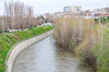 Manzanares River, on the verge of overflowing in some areas of Madrid, due to the rains of March...