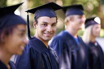 Happy man, portrait and student in outdoor graduation for education, learning or qualification....