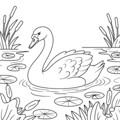 A black and white swan illustration line art of a coloring page