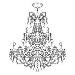 ‎A black and white chandelier  illustration line art of a coloring page