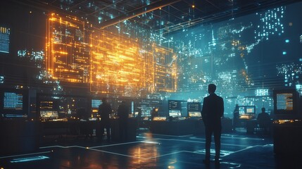 A control room with digital displays and people observing the information