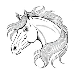 A black and white  horse illustration line art of a coloring page