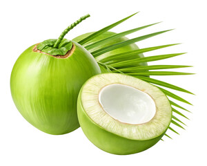 Close up of a fresh green coconut, cut in half, showing the white flesh and coconut water.