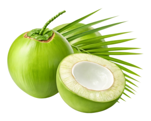 Close up of a fresh green coconut, cut in half, showing the white flesh and coconut water.