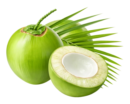 Close up of a fresh green coconut, cut in half, showing the white flesh and coconut water.