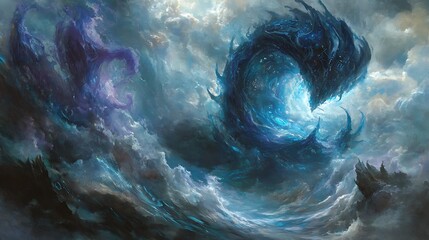 A mystical dragon emerging from swirling clouds, casting an enchanting glow over a dark landscape