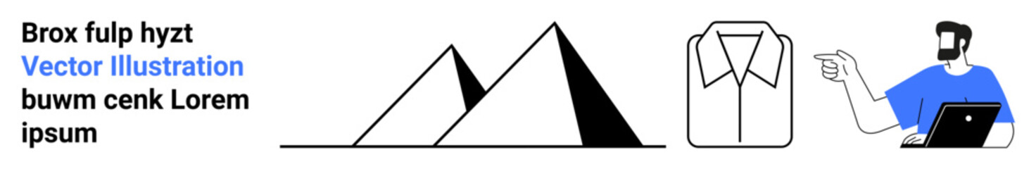 Minimalistic shapes featuring mountains, a formal shirt outline, and a person holding a laptop while pointing. Ideal for design, technology, work, fashion, creativity, geometry flat landing page