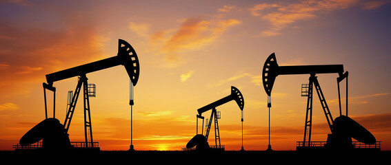 A silhouette of an oil pump against a vibrant sunset sky, Oil pumps and rig at sunset, Oil and gas industry concept, Oil industry, Business, Fuel, A sunset background.